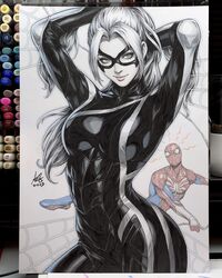  1boy adjusting_hair arms_up art_tools_in_frame black_cat_(marvel) bodysuit covered_abs domino_mask felicia_hardy female highres looking_at_viewer marker_(medium) marvel mask photo_(medium) ponytail portrait_(object) silk smile spider-man spider-man_(2018_game) spider-man_(series) spider_web spider_web_print stanley_lau traditional_media white_hair 