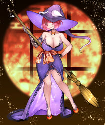  alternate_costume aoshima bare_shoulders breasts broom cleavage collarbone commentary_request dress female gloves halloween halloween_costume hat highres lace lace-trimmed_dress lace_gloves lace_trim large_breasts lazy_eye saigyouji_yuyuko short_hair single_sleeve smile solo touhou witch witch_hat 