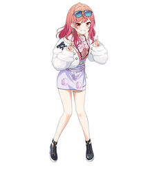  absurdres ahoge bare_shoulders black_footwear center_frills commentary cross-laced_jacket double_w earrings english_commentary eyewear_on_head felutiahime female frills full_body fur-trimmed_jacket fur_trim gradient_hair grin hair_ornament hairclip hands_up highres hololive hololive_dev_is ichijou_ririka jacket jewelry legs light_blush long_sleeves looking_at_viewer medium_hair miniskirt multicolored_hair necklace off_shoulder pink_hair pink_shirt puffy_long_sleeves puffy_sleeves purple_skirt red_eyes red_hair shirt shirt_tucked_in shoes simple_background skirt sleeveless sleeveless_shirt smile solo standing sunglasses two-tone_hair virtual_youtuber w white_background white_jacket 