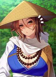  846-gou ajirogasa bandaged_arm bandages bead_necklace beads breasts brown_eyes brown_hair cleavage fate/grand_order fate_(series) female hat highres jewelry large_breasts necklace outdoors scar scar_on_face scar_on_nose scarf solo sugitani_zenjubou_(fate) white_scarf 