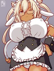  animal_ears apron artist_logo black_skirt blonde_hair breasts brown_eyes center_frills commentary_request cosplay covered_nipples dark-skinned_female dark_skin dated dress_shirt female fleur_de_lapin_uniform floppy_ears frilled_shirt frilled_skirt frills glasses grey-framed_eyewear grey_background hairband kanon_(kurogane_knights) kantai_collection kirima_syaro kirima_syaro_(cosplay) large_breasts lolita_hairband looking_at_viewer musashi_(kancolle) one-hour_drawing_challenge one_eye_closed panties pointy_hair puffy_short_sleeves puffy_sleeves rabbit_ears rectangular_eyewear semi-rimless_eyewear shirt short_hair_with_long_locks short_sleeves simple_background skirt solo twintails two_side_up underbust underwear waist_apron white_apron white_panties white_shirt wrist_cuffs 