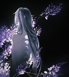  1boy arms_at_sides back back_tattoo black_background black_hair branch commentary completely_nude flower from_behind hair_between_eyes hair_over_shoulder long_hair looking_to_the_side looking_up male_focus moon_phases nude onmyoji parted_lips purple_flower purple_theme solo straight_hair susabi_(onmyoji) tattoo upper_body very_long_hair ye_(ran_chiiipye) 