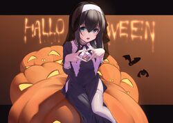  bat_(animal) black_hair blue_eyes blush breasts chocolate chocolate_on_body chocolate_on_breasts cleavage cleavage_cutout clothing_cutout coif female food_on_body habit hair_between_eyes halloween heart heart_hands highres idolmaster idolmaster_cinderella_girls idolmaster_cinderella_girls_starlight_stage large_breasts long_hair looking_at_viewer nun open_mouth pelvic_curtain pumpkin sagisawa_fumika solo thighhighs thighs viq white_thighhighs 