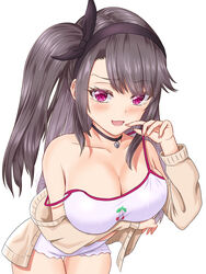  are_you_333 arm_under_breasts azur_lane bare_shoulders black_hairband blush breasts brown_hair cardigan cherry_print cleavage commentary_request dress female food_print hairband hand_up highres large_breasts leaning_forward lock_necklace long_hair looking_at_viewer oerba_yun_fang official_alternate_costume open_cardigan open_clothes pamiat_merkuria_(azur_lane) pamiat_merkuria_(sweet_cherry_memories)_(azur_lane) pink_eyes pulling_own_clothes side_ponytail solo strap_pull strap_slip teasing thighs undressing very_long_hair white_dress 