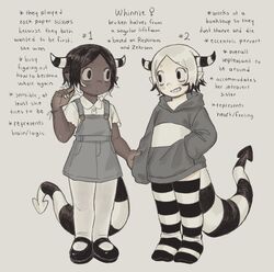  clothed clothing dark_body dark_skin demon demon_humanoid duo english_text female gorarati hi_res horn humanoid humanoid_pointy_ears markings model_sheet not_furry sibling_(lore) sister_(lore) sisters_(lore) striped_horn striped_markings striped_tail stripes tail tail_markings text twins_(lore) 