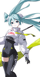  absurdres aqua_eyes aqua_hair asymmetrical_bodysuit black_bodysuit bodysuit boots closed_mouth covered_navel cropped_jacket feet_out_of_frame female flag flagpole flame_print floating_hair gloves goodsmile_racing green_flag hair_between_eyes hatsune_miku highres holding holding_flag holding_pole jacket leaning_back long_hair long_sleeves looking_at_viewer md5_mismatch pole race_queen racing_miku racing_miku_(2022) rakugaki_ningen simple_background single_leg_bodysuit single_thigh_boot smile smiley_face solo text_print thigh_boots thigh_gap twintails two-tone_gloves very_long_hair vocaloid white_background white_jacket wind 