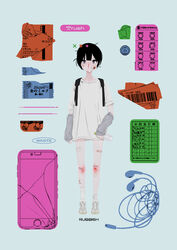  absurdres arm_warmers backpack bag bandages bandaid bandaid_on_face bandaid_on_knee bandaid_on_leg barcode bleeding blister_pack blood blood_on_bandages blunt_bangs bottle broken_screen cellphone closed_mouth coin commentary earbuds earphones english_commentary english_text equipment_layout expressionless female full_body gauze_on_cheek gauze_on_leg grey_arm_warmers grey_background grey_eyes highres holding holding_bottle looking_at_viewer no_pants nosebleed original phone pill pixelated plastic_bottle receipt scraped_knee shirt shoes short_hair short_sleeves shoulder_strap simple_background single_loose_sock smartphone sneakers solo standing toothpick uotak white_footwear white_shirt 