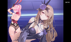  2girls absurdres animal_ears ass back_tattoo bails bare_shoulders black_leotard breasts brown_hair cleavage english_commentary english_text flower fox_ears hair_ornament highres honkai_(series) honkai_impact_3rd large_breasts leotard long_hair looking_at_viewer mask medium_breasts mole mole_under_eye multiple_girls navel ninja pink_hair purple_flower purple_rose rita_rossweisse rita_rossweisse_(fallen_rosemary) rose smile strapless strapless_leotard tattoo textless_version yae_kasumi yae_sakura 