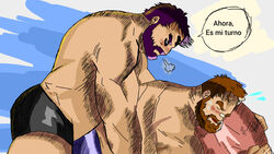  2boys bara beard blush boxer_briefs brown_hair bulge bulge_to_ass dry_humping facial_hair frottage height highres humping language_request lying male_focus male_underwear mature_male moustache multiple_boys non-web_source on_stomach original pillow self-upload short_hair sideburns stomach topless_male translation_request underwear yaoi yatsuoshi_53 