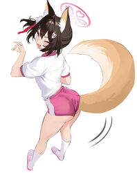  animal_ears blue_archive brown_hair buruma closed_eyes commentary eyeliner female fox_ears fox_girl fox_hair_ornament fox_shadow_puppet fox_tail full_body gym_shirt gym_uniform hair_ornament hairclip halo izuna_(blue_archive) makeup motion_lines oerba_yun_fang open_mouth pink_halo red_buruma red_eyeliner shirt short_hair skin_fang smile solo stone_(ksorede) symbol-only_commentary tail tail_under_clothes white_shirt 