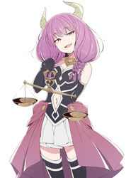  arm_behind_back aura_(sousou_no_frieren) balance_scale black_gloves blue_eyes braid breasts cleavage clothing_cutout commentary_request cowboy_shot demon_girl demon_horns eitopondo elbow_gloves female gloves hand_up highres holding_scale horns long_hair looking_at_viewer miniskirt navel_cutout open_mouth pleated_skirt purple_hair simple_background skirt small_breasts smile smug solo sousou_no_frieren standing weighing_scale white_background white_skirt zettai_ryouiki 