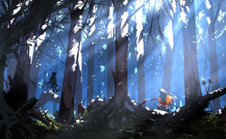  2girls absurdres bakeneko_(saru) blood blood_on_weapon dappled_sunlight day fallen_tree flat_color forest highres holding holding_sword holding_weapon light_rays long_hair multiple_girls nature on_tree outdoors pixiv_fantasia pixiv_fantasia_t realmbw scenery severed_head silhouette standing sunbeam sunlight sword tree weapon 