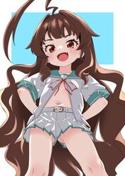  :d ahoge aqua_sailor_collar belt brown_eyes brown_hair collarbone commentary culottes fangs feet_out_of_frame female from_below hands_on_own_hips huge_ahoge kantai_collection kuma_(kancolle) kuma_kai_ni_(kancolle) long_hair looking_at_viewer nassukun navel open_mouth pleated_shorts sailor_collar sailor_shirt school_uniform serafuku shirt short_shorts short_sleeves shorts smile solo symbol-only_commentary upshorts very_long_hair white_belt white_shirt white_shorts 