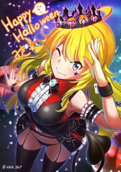  ahoge armlet armpits bare_shoulders black_crown_(object) black_skirt black_thighhighs blonde_hair commentary_request crown demon_tail female from_above garter_belt gem ghost halloween halloween_costume hand_on_forehead happy_halloween heart highres hkn_(ringya) hoshii_miki idolmaster idolmaster_(classic) jeweled_crown jewelry long_hair looking_up navel one_eye_closed outstretched_arm petals pointed_crown pumpkin purple_eyes salute shirt skirt sleeveless sleeveless_shirt smile solo sparkle spider_web_print star_(symbol) tail thighhighs wrist_cuffs 