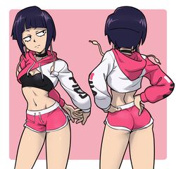  1girl 1girls 2020 2020s anime arms_behind_back ass black_bra black_hair blank_expression bra breasts butt_crack_outline centinel303 cleavage collar cropped_hoodie d.va_(cosplay) dolphin_shorts edie_crop_hoodie exposed_belly female_focus female_only front_and_back front_view half-closed_eyes hands_on_hips heroine highres human kyoka_jiro light-skinned_female light_skin looking_away manga metahuman multicolored_topwear my_hero_academia overwatch rear_view shiny_hair shiny_skin short_black_hair short_hair short_hair_female shorts side_slit simple_background small_ass small_breasts solo solo_female superheroine teenager text_on_topwear tomboy two_tone_bottomwear two_tone_bottomwear_(pinkandwhite) 