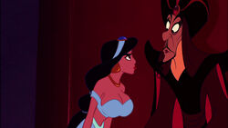  1boy 1girls aladdin alternate_breast_size angry arabian arabian_clothes big_breasts black_hair breasts busty cleavage dark-skinned_female dark-skinned_male dark_skin disney disney_princess edit fully_clothed gan_(artist) harem_outfit huge_breasts jafar large_breasts long_hair princess_jasmine screenshot screenshot_edit third-party_edit voluptuous 