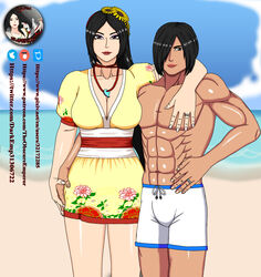  1boy 1girls abs amaterasu_(smite) asian beach black_hair breasts bulge cleavage dark-skinned_male dark_emperor darkus_(theobscureone) deity earrings eyeshadow goddess headband human husband_and_wife interracial interspecies japanese_mythology large_breasts lipstick long_hair milf muscles muscular muscular_male nail_polish necklace ocean ponytail ring smiling smite summer teaser theobscureone trunk wedding_ring 