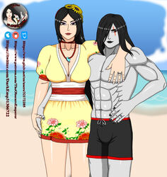  1boy 1girls abs amaterasu_(smite) asian beach black_hair black_lipstick black_nail_polish breasts bulge cleavage darkus_(theobscureone) deity earrings emo eyeshadow goddess goth headband husband_and_wife interracial interspecies japanese_mythology large_breasts lipstick long_hair milf muscles muscular muscular_male nail_polish necklace ocean pale_skin red_eyes ring scar smiling smite summer teaser theobscureone trunk wedding_ring 