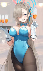  absurdres animal_ears asuna_(blue_archive) asuna_(bunny)_(blue_archive) auui bare_shoulders black_pantyhose blue_archive blue_bow blue_bowtie blue_eyes blue_halo blue_leotard blurry blurry_background blush bow bowtie breasts brown_hair champagne_flute cleavage commentary cowboy_shot cup detached_collar drinking_glass fake_animal_ears female gloves hair_over_one_eye halo hands_up highleg highleg_leotard highres holding holding_cup holding_tray large_breasts leotard long_hair looking_at_viewer official_alternate_costume pantyhose parted_bangs playboy_bunny rabbit_ears smile strapless strapless_leotard tray white_gloves 