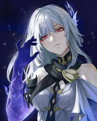  absurdres bare_shoulders butterfly_hair_ornament closed_mouth commentary detached_sleeves female genshin_impact gradient_gloves gradient_sleeves grey_hair hair_ornament head_tilt highres long_hair luxearte purple_sleeves red_eyes skirk_(genshin_impact) sky solo star_(sky) starry_sky 