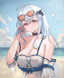  absurdres ahoge arknights bare_shoulders beach black_choker blue_sky breasts choker cleavage closed_mouth cloud commentary_request eyewear_on_head female hair_between_eyes hand_up highres large_breasts long_hair looking_at_viewer ocean off-shoulder_shirt off_shoulder official_alternate_costume orca_hair_ornament outdoors red_eyes runyo_(yale12312) shirt short_sleeves skadi_(arknights) skadi_(waverider)_(arknights) sky smile solo sunglasses upper_body white_hair white_shirt 