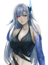  absurdres bare_shoulders black_tank_top blue_gloves breasts cleavage collarbone commentary elbow_gloves female genshin_impact gloves grey_hair hair_ornament highres long_hair looking_at_viewer luxearte medium_breasts midriff navel pink_eyes skirk_(genshin_impact) solo stomach tank_top upper_body very_long_hair 