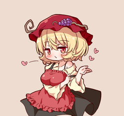  aki_minoriko apron arinu black_skirt blonde_hair blush breasts brown_background collarbone female fruit_hat_ornament grape_hat_ornament hair_between_eyes hat hat_ornament heart large_breasts long_sleeves mob_cap red_apron red_eyes red_hat shirt short_hair simple_background skirt solo touhou wide_sleeves yellow_shirt 