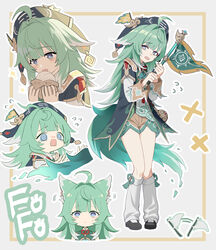  @_@ absurdres ahoge animal_ears black_footwear blue_fire duplicate eating female fiery_tail fire flag fox_girl ghost_tail green_eyes green_flag green_hair highres holding holding_flag honkai:_star_rail honkai_(series) huohuo_(honkai:_star_rail) long_hair long_sleeves looking_at_viewer multiple_views nage_(sacosui_ng) open_mouth paw-shaped_pupils pixel-perfect_duplicate scared shorts socks symbol-shaped_pupils tail white_leg_warmers white_socks 