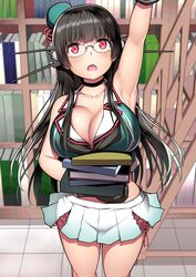  absurdres arm_up black_choker black_gloves black_hair blush book bookshelf breasts choker choukai_(kancolle) choukai_kai_ni_(kancolle) cleavage female glasses gloves hat headgear highres holding holding_book kantai_collection kuromayu large_breasts long_hair looking_up mini_hat miniskirt open_mouth pleated_skirt red_eyes skirt solo 