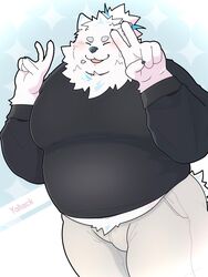  3:4 anthro belly blush canid canine canis clothing domestic_dog fur gesture hand_gesture hi_res lifewonders live_a_hero male mammal nattotiger nordic_sled_dog overweight samoyed smile solo spitz sweater topwear v_sign white_body white_fur yohack 