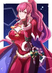  absurdres alternate_breast_size alternate_costume anna_(fire_emblem) bag bell blue_cape blush breasts brown_gloves candy candy_cane cape capelet christmas cleavage coin commentary cosplay female finger_to_cheek fire_emblem fire_emblem:_three_houses fire_emblem_engage fire_emblem_heroes food fur-trimmed_capelet fur_trim gloves high_ponytail highres large_breasts long_sleeves looking_at_viewer pink_eyes pink_hair red_cape sidelocks smile solo star_(sky) star_(symbol) starry_background to_(tototo_tk) two-tone_cape yunaka_(fire_emblem) yunaka_(fire_emblem)_(cosplay) yunaka_(fire_emblem)_(spirited_envoy) 