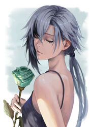  absurdres aqua_flower aqua_rose arlecchino_(genshin_impact) bare_shoulders black_hair camisole closed_eyes commentary female flower genshin_impact grey_hair hair_between_eyes highres holding holding_flower long_hair low_ponytail luxearte multicolored_hair rose solo spaghetti_strap streaked_hair upper_body very_long_hair 