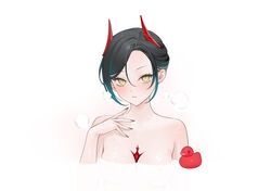  azur_lane bath black_hair chest_jewel commentary_request completely_nude female highres horns looking_at_viewer mechanical_horns nipples nude ohisashiburi partially_submerged rubber_duck shiny_skin short_hair simple_background solo steam ulrich_von_hutten_(azur_lane) white_background yellow_eyes 