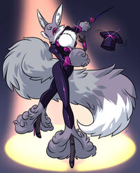  alistair_(crovirus) anthro arm_tuft avoid_posting big_tail black_lipstick bowing brown_eyes cane canid canine clothing eyeshadow femboy fennec_fox fingerless_gloves footwear fox glitter gloves handwear hi_res high_heels leg_tuft lipstick looking_at_viewer magician magician_hat makeup male mammal open_toe_heels pink_eyeshadow pose simple_background smile solo spotlight tail themadcatter true_fox tuft 