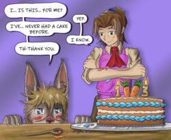  absurd_res anthro apron auroran_archive birthday brown_body cake candle carrot carrot_cake clothing colored curious dessert english_text farfener female food happy hi_res human kind kindness lagomorph leporid links male mammal mel_(links) plant platter rabbit surprise text the_auroran_archives trip_(links) vegetable 