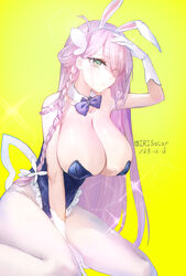  2023 animal_ears artist_name azur_lane blue_leotard breasts cleavage dated fake_animal_ears female frilled_leotard frills gloves green_eyes hair_over_one_eye highres huge_breasts irisolar leotard long_hair looking_at_viewer louisville_(an_order_of_dreams)_(azur_lane) louisville_(azur_lane) official_alternate_costume pantyhose pink_hair playboy_bunny rabbit_ears simple_background solo very_long_hair white_gloves white_pantyhose yellow_background 