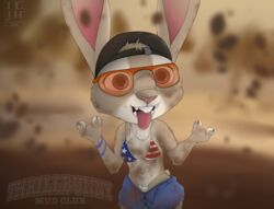  2023 american_flag anthro bottomwear bra clothing cosplay cutoffs daisy_dukes denim denim_bottomwear denim_clothing dirty dirty_clothing disney english_text eyewear female glasses grand_theft_auto grand_theft_auto_vi hat headgear headwear hi_res hotpants ilovejudyhopps judy_hopps lagomorph leporid mammal mud muddy rabbit rockstar_games shorts signature solo text underwear united_states_of_america zootopia 