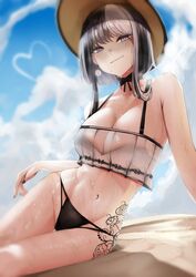  absurdres bikini black_bikini black_hair black_nails blue_sky blush breasts bright_pupils cleavage closed_mouth cloud commentary day earrings eiko_orihime english_commentary female grey_eyes hat highres indie_virtual_youtuber jewelry large_breasts leaning_to_the_side leg_tattoo long_hair looking_at_viewer mismatched_bikini mole mole_under_eye mole_under_mouth multicolored_hair nail_polish navel outdoors pupi_(rain_prophet) sitting sky solo stomach sweat swimsuit tattoo two-tone_hair virtual_youtuber white_bikini white_hair 