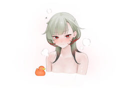  azur_lane bath blush completely_nude female giuseppe_garibaldi_(azur_lane) gradient_hair green_hair highres looking_at_viewer multicolored_hair nipples nude ohisashiburi partially_submerged red_eyes rubber_duck shiny_skin simple_background solo steam white_background 