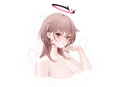  azur_lane bath breasts brown_hair cleavage completely_nude duca_degli_abruzzi_(azur_lane) female halo highres large_breasts looking_at_viewer nipples nude ohisashiburi partially_submerged red_eyes shiny_skin simple_background solo steam white_background 