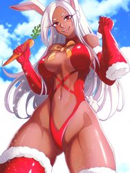  :d absurdres animal_ears ass_visible_through_thighs bare_shoulders blush boku_no_hero_academia bow breasts breasts_apart carrot christmas clothing_cutout cloud cloudy_sky collar dark-skinned_female dark_skin female fur-trimmed_gloves fur-trimmed_headwear fur-trimmed_thighhighs fur_trim gloves hat highleg highleg_leotard highres holding holding_carrot holding_clothes holding_hat large_breasts leotard long_eyelashes long_hair looking_at_viewer mirko navel navel_cutout opalis orange_bow parted_bangs rabbit_ears rabbit_girl rabbit_tail red_collar red_eyes red_gloves red_leotard santa_hat sideboob sky smile solo tail teeth thick_thighs thighhighs thighs toned unworn_hat unworn_headwear very_long_hair white_hair 