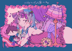  alternate_hair_color blue_hair bow character_doll cone_horns cosplay curtains female flower_border food frilled_wrist_cuffs frills green_hair hairbow hatsune_miku hatsune_miku_(cosplay) head_rest heart high_heels horns ice_cream lace_trim lamp long_hair looking_at_viewer lum lying moroboshi_ataru oerba_yun_fang on_stomach oni pillow polka_dot_underwear romeo_to_cinderella_(vocaloid) smile solo striped underwear urusei_yatsura vocaloid wallet wrist_cuffs yukipanna 