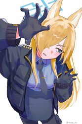  animal_ears black_gloves black_jacket black_pantyhose blonde_hair blue_archive blue_eyes blue_halo blue_necktie blue_shirt blue_skirt blush breasts claw_pose dog_ears dog_girl embarrassed female gloves hair_over_one_eye halo hands_up highres jacket kanna_(blue_archive) long_hair long_sleeves looking_to_the_side necktie open_clothes open_jacket pantyhose parted_bangs pencil_skirt police police_uniform policewoman sharp_teeth shiosai_73 shirt simple_background skirt solo teeth uniform white_background 