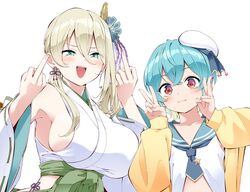  2girls aqua_hair beret blue_eyes blue_hair blush breasts closed_mouth crossed_bangs detached_sleeves double-parted_bangs double_middle_finger double_v excel_iruka green_hakama hair_between_eyes hakama hakama_skirt hat highres hip_vent indie_virtual_youtuber jacket japanese_clothes kosode lace-trimmed_sleeves lace_trim large_breasts looking_at_viewer middle_finger multiple_girls nanamiya_nako nontraditional_miko red_eyes sailor_collar sailor_shirt shirt short_hair side_ponytail sideboob sideless_kimono sidelocks simple_background skirt smile v virtual_youtuber white_background white_headwear wide_sleeves yamasaki_natsuki yellow_jacket 