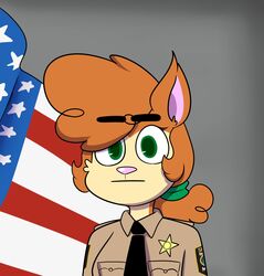  2017 :| american_flag anthro badge big_pupils biped black_eyebrows black_necktie blank_stare breasts bust_portrait cheek_tuft chokovit_(artist) clothed clothed_anthro clothed_female clothing colored countershade_face countershade_fur countershade_neck countershading curled_hair digital_drawing_(artwork) digital_media_(artwork) epaulet expressionless eyebrow_through_hair eyebrows eyelashes facial_tuft female female_anthro fingers front_view fur glistening glistening_nose green_eyes green_hair_tie green_pupils grey_background hair hair_over_eye hi_res looking_at_viewer mammal melanie_foster necktie one_eye_obstructed orange_ears orange_hair pink_inner_ear pink_nose pockets police police_officer police_uniform portrait prick_ears pupils rodent sciurid shaded simple_background simple_shading solo star_badge tan_clothing tan_shirt tan_topwear topwear translucent translucent_hair tree_squirrel tuft uniform united_states_of_america yellow_body yellow_countershading yellow_tuft |:| 