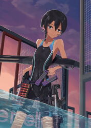  ammunition_belt black_hair braid cartridge competition_swimsuit dusk facial_tattoo female gradient_sky gun highres holster holstered looking_at_viewer multicolored_hair number_tattoo one-piece_swimsuit original partially_submerged pink_sky purple_hair purple_sky sem_(sempix) short_hair shotgun shotgun_shell side_braid sky solo swimsuit tan tanlines tattoo thigh_holster wading water weapon weapon_behind_back wet 