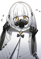  absurdres black_mask blue_archive blush coat ein_(blue_archive) extra_pupils female groin highres long_sleeves looking_at_viewer mask mechanical_hands medium_hair navel respirator solo symbol-shaped_pupils twintails veni_tsubaki white_coat white_hair wide_sleeves x-shaped_pupils yellow_eyes 