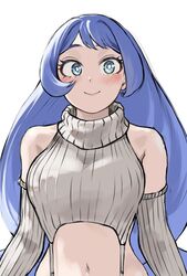  bare_shoulders blue_eyes blue_hair blush boku_no_hero_academia breasts bright_pupils crop_top detached_sleeves female fengling_(furin-jp) hadou_nejire highres large_breasts long_hair looking_at_viewer meme_attire midriff navel simple_background sleeveless sleeveless_turtleneck smile solo stomach sweater turtleneck turtleneck_sweater upper_body very_long_hair virgin_destroyer_sweater white_background white_pupils 