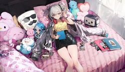  absurdres ayumeyatto black_bow black_ribbon black_skirt black_wristband book borrowed_character bow character_doll female grey_eyes grey_hair grey_jacket hair_ribbon headphones headphones_around_neck heart heart-shaped_pillow high-waist_skirt highres holding holding_tablet_pc jacket jacket_on_shoulders on_bed open_clothes open_jacket original photo_(object) pillow polaroid ribbon shirt skirt solo stuffed_dinosaur tablet_pc yellow_shirt 