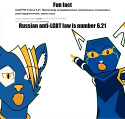  anthro anti_lgbt black_text blonde_hair blue_body code crime domestic_cat duo duo_focus e621 english_text esix felid feline felis fingers fun_fact gesture group hair hand_gesture hexerade homophobia homophobic_slur laws male male/male mammal mascot meme offense orange_eyes politics raised_finger raised_index_finger russia russian russian_text screencap simple_background spread_legs spreading text transphobia white_background yellow_eyes 